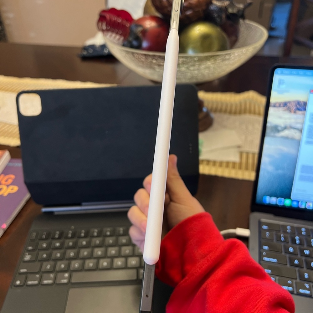 IPad Air with apple case, mouse and pencil.